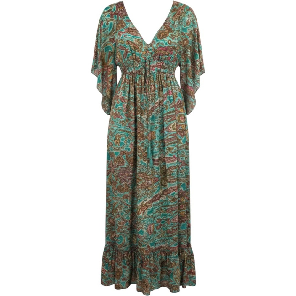 Karma‎ Highway Paisley Boho Maxi Dress Turquoise Pink Kimono Sleeve One Size NEW
